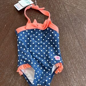 Ruffle Butts Baby Girl Navy and Coral Polka Dot One Piece